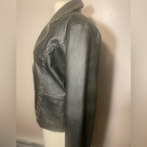 Leather Gallery     Leather Black Jacket   Braiding Throughout  Size Lg - Picture 4 of 7